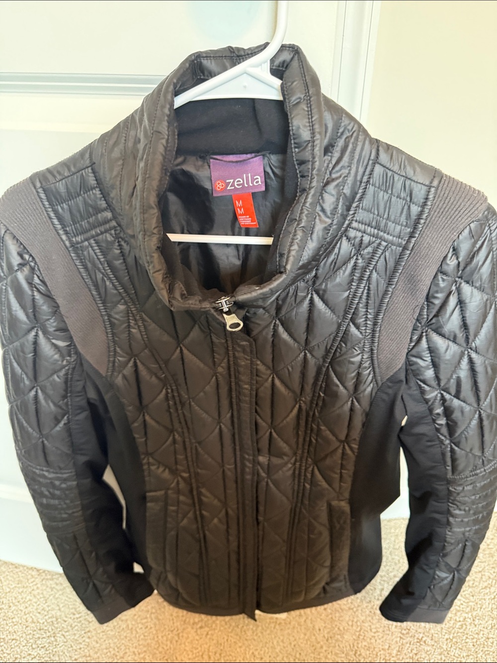 Zella Quilted Black Puff Jacket with Knit Panels